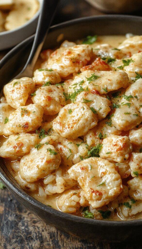 A warm bowl of Cozy Creamy Chicken & Rice featuring tender chicken pieces, creamy sauce, fluffy rice, and garnished with herbs, perfect for comfort dining.