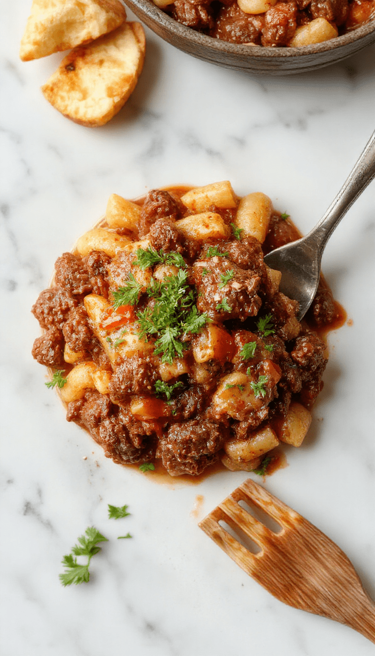 A close-up of a rustic white bowl filled with savory ground beef orzo, topped with fresh herbs. The dish showcases tender ground beef mixed with perfectly cooked orzo pasta, sprinkled with grated cheese and garnished with chopped parsley. The background features a wooden table with additional ingredients like tomatoes and herbs, emphasizing a warm, home-cooked vibe with vibrant colors and inviting textures.