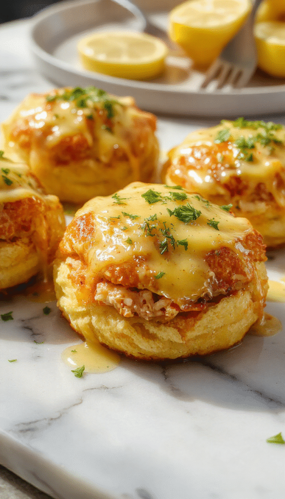 Golden brown cheddar Bay biscuits filled with tender crab meat, topped with a slice of lemon and drizzled with glossy lemon butter sauce, styled on a rustic plate with fresh herbs and a lemon wedge in the background