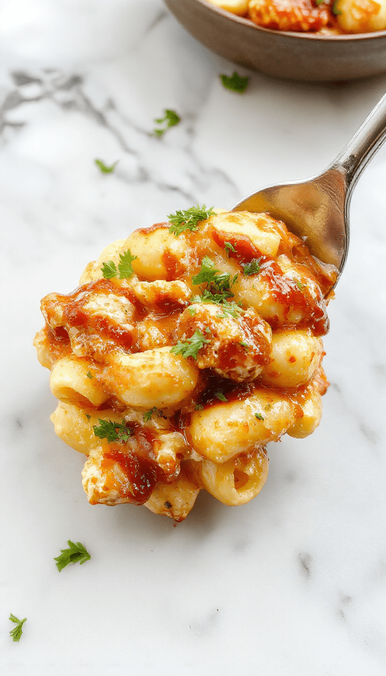 A vibrant plate of BBQ chicken mac and cheese featuring golden-brown crispy top, tender shredded BBQ chicken mixed with creamy cheese sauce, garnished with fresh herbs, colorful sides of vegetables on rustic wooden table
