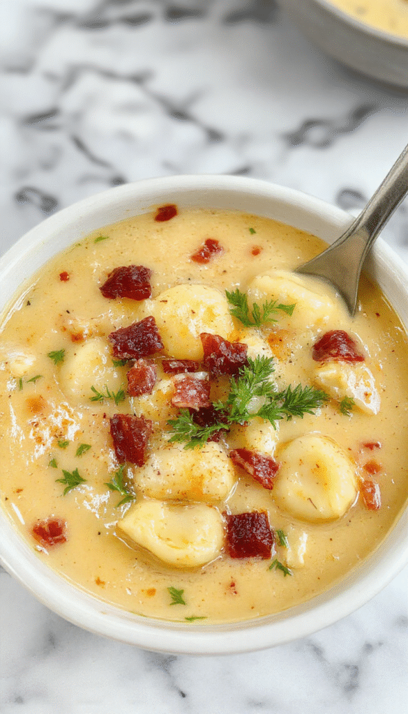 A vibrant bowl of bacon cheddar gnocchi soup featuring golden-brown crispy bacon, melted cheddar cheese, tender gnocchi, and fresh herbs on a rustic wooden table