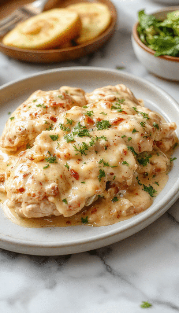 A beautifully plated baked chicken stroganoff featuring tender, golden-brown chicken pieces topped with a silky mushroom and sour cream sauce. The dish is garnished with fresh parsley, served on a rustic white plate with a side of buttery mashed potatoes. The creamy sauce glistens under soft lighting, highlighting the rich textures and warm earthy colors of the dish.