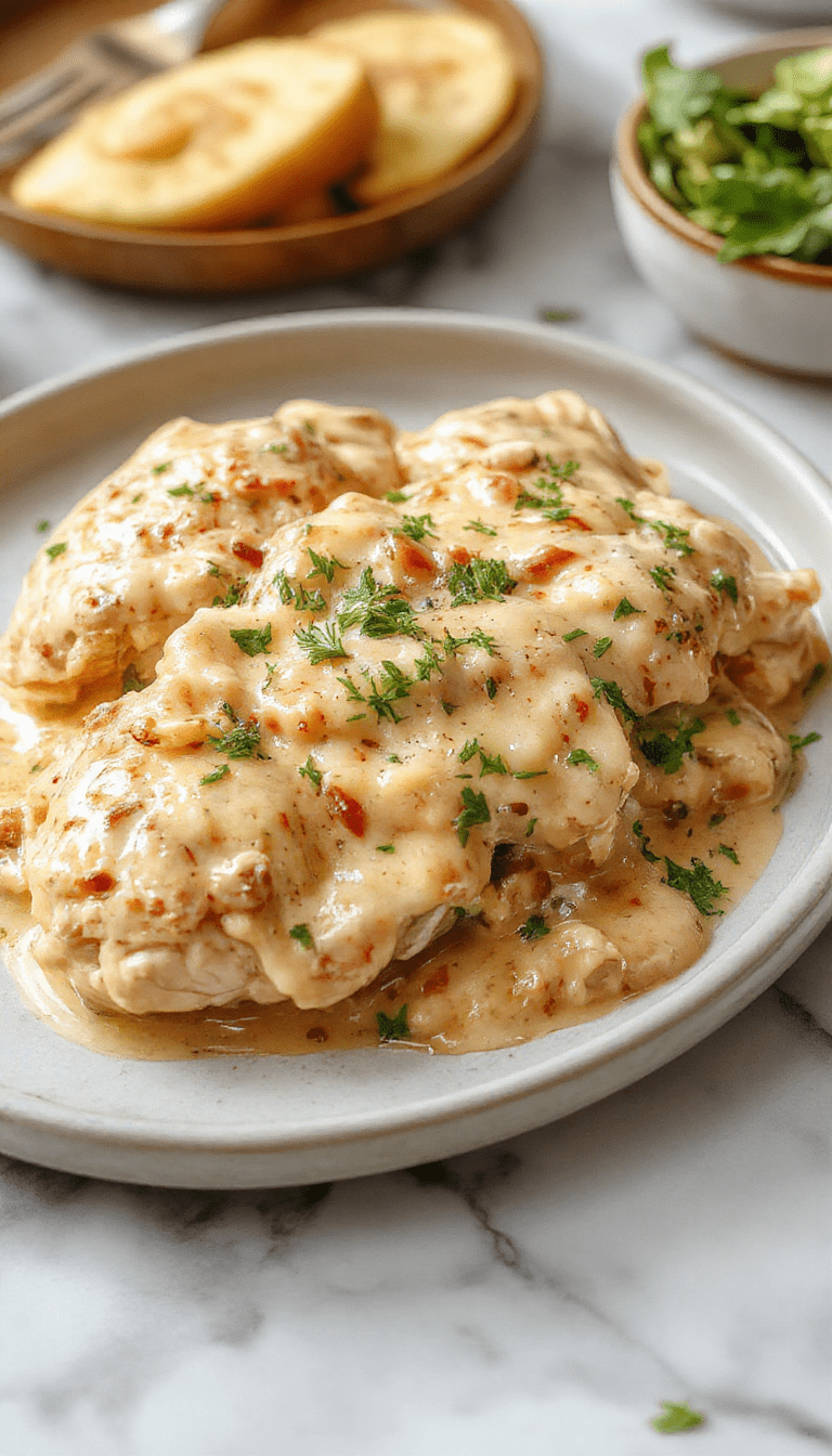 A beautifully plated baked chicken stroganoff featuring tender, golden-brown chicken pieces topped with a silky mushroom and sour cream sauce. The dish is garnished with fresh parsley, served on a rustic white plate with a side of buttery mashed potatoes. The creamy sauce glistens under soft lighting, highlighting the rich textures and warm earthy colors of the dish.