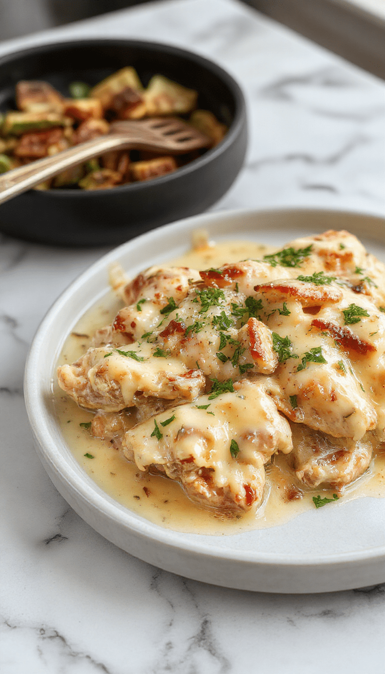 A close-up of a bubbling casserole dish filled with creamy baked chicken stroganoff, topped with golden-brown crispy onions, garnished with fresh parsley, served on a rustic wooden table with a side of green vegetables, capturing the rich texture and inviting colors of the dish.
