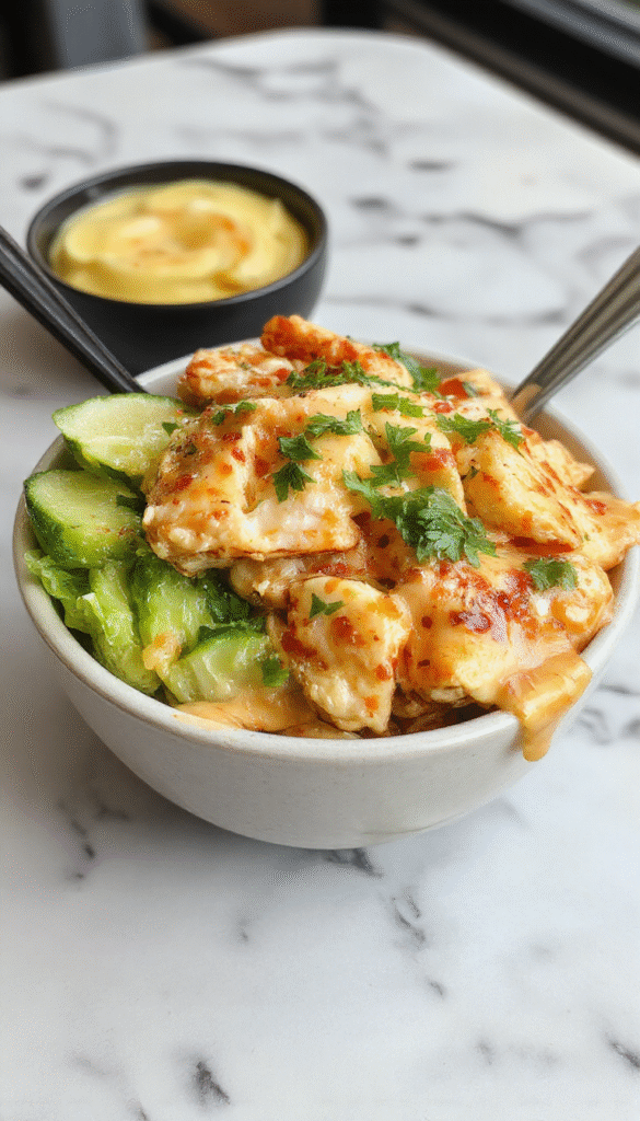 A vibrant bowl of Bang Bang Chicken featuring crispy fried chicken pieces coated in a spicy creamy sauce, topped with chopped green onions and sesame seeds, served over a bed of fluffy rice with colorful vegetables, styled attractively on a rustic wooden table with a drizzle of sauce for visual appeal.