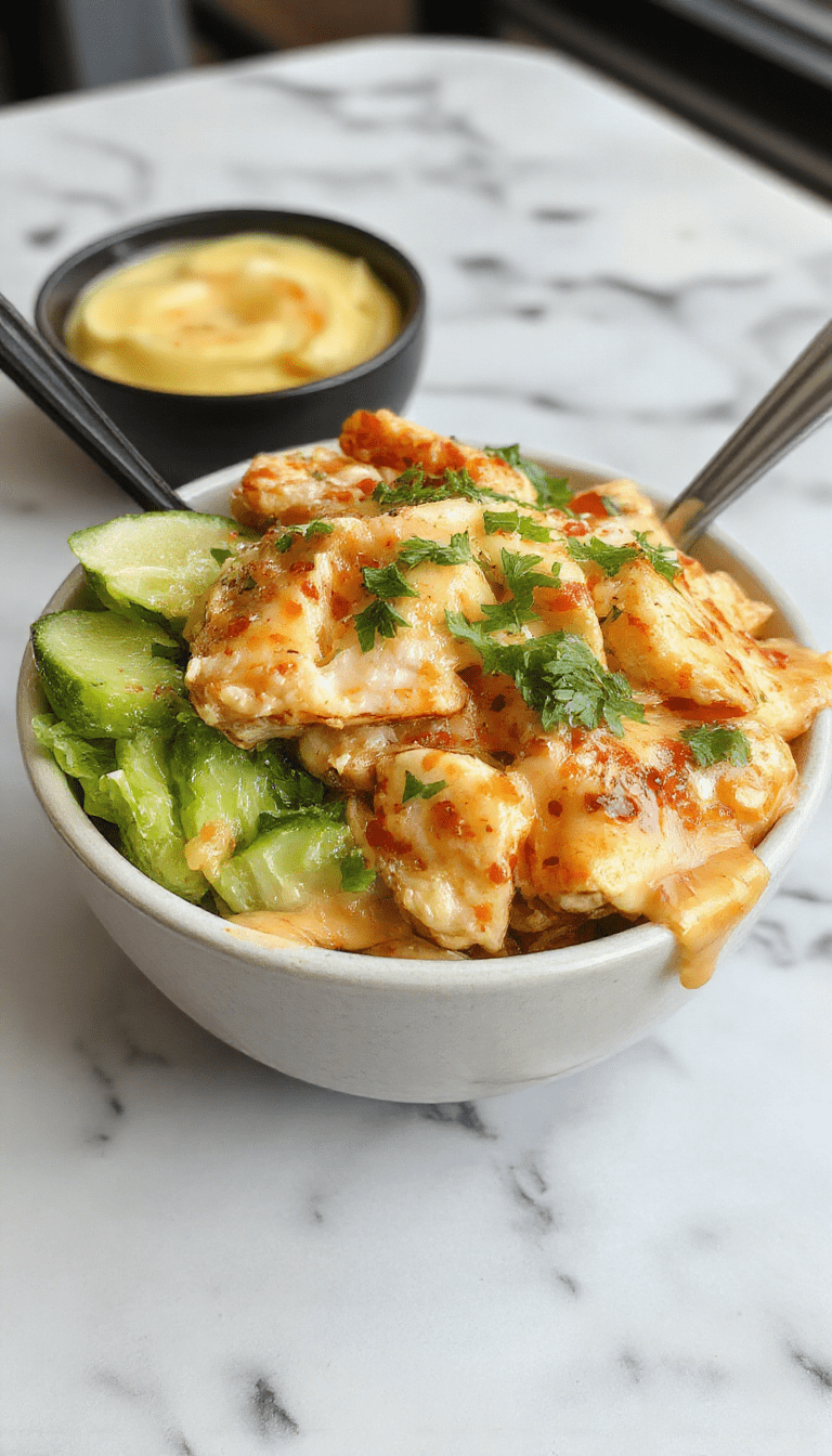 A vibrant bowl of Bang Bang Chicken featuring crispy fried chicken pieces coated in a spicy creamy sauce, topped with chopped green onions and sesame seeds, served over a bed of fluffy rice with colorful vegetables, styled attractively on a rustic wooden table with a drizzle of sauce for visual appeal.