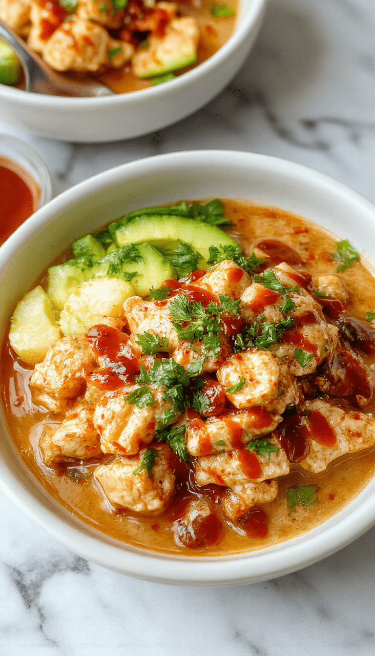 A vibrant chicken bowl featuring juicy fried chicken pieces topped with a creamy pink sauce, garnished with green scallions and sesame seeds on a white plate with colorful vegetables in the background, styled for a fresh and appetizing look.