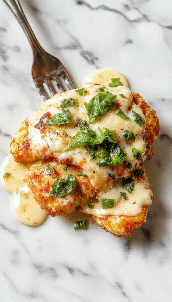 A close-up of a plated serving of mozzarella chicken topped with melted mozzarella and fresh basil leaves, drizzled with rich basil cream sauce, presented on a white plate with a sprig of basil, showcasing vibrant golden-brown chicken, creamy sauce, and fresh green garnish.