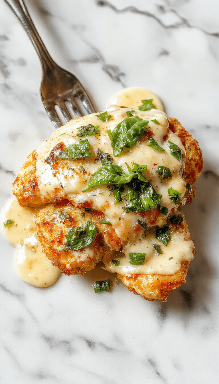 A close-up of a plated serving of mozzarella chicken topped with melted mozzarella and fresh basil leaves, drizzled with rich basil cream sauce, presented on a white plate with a sprig of basil, showcasing vibrant golden-brown chicken, creamy sauce, and fresh green garnish.