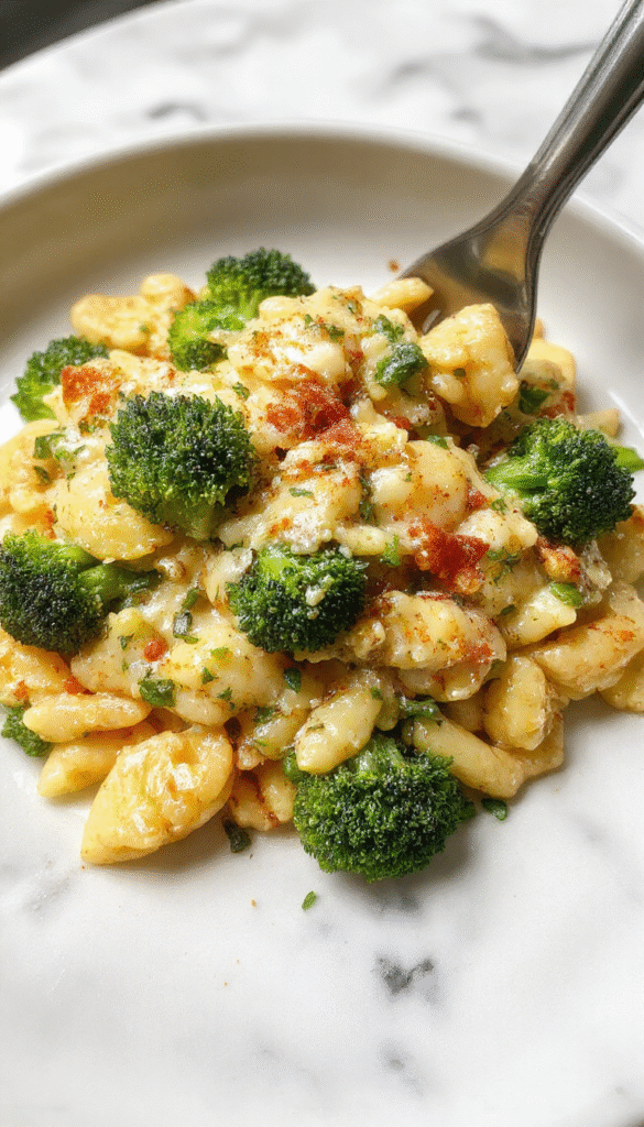 A vibrant bowl of creamy broccoli cheddar orzo featuring tender green broccoli florets, melted cheddar cheese, and perfectly cooked orzo pasta, garnished with fresh herbs, styled on a rustic wooden table with a spoon and a sprinkle of cheese for a cozy, inviting look.