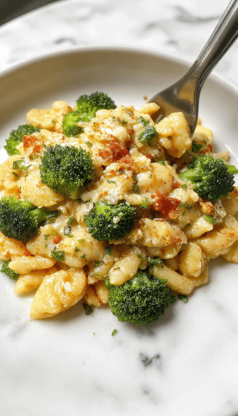 A vibrant bowl of creamy broccoli cheddar orzo featuring tender green broccoli florets, melted cheddar cheese, and perfectly cooked orzo pasta, garnished with fresh herbs, styled on a rustic wooden table with a spoon and a sprinkle of cheese for a cozy, inviting look.