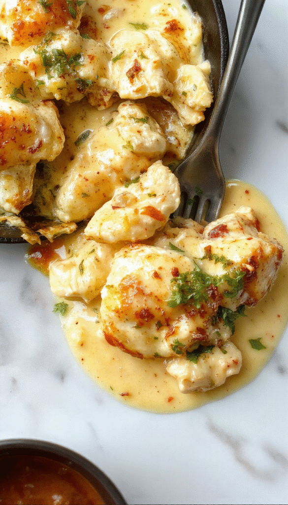 A vibrant skillet filled with tender chicken chunks coated in a glossy, rich butter sauce garnished with fresh herbs, resting on a rustic wooden table with a side of warm bread and colorful vegetables, styled with a sprinkle of herbs and a drizzle of sauce.