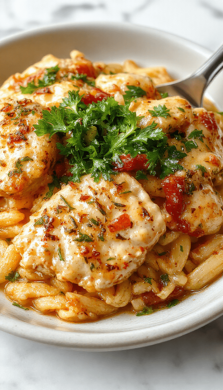 A vibrant plate of Cajun chicken orzo showcasing golden-brown grilled chicken slices atop a bed of fluffy orzo pasta coated in a rich, reddish Cajun sauce. Garnished with chopped green herbs and sliced red peppers, the dish is presented on a rustic white plate with a colorful background, highlighting the textures and bold flavors.