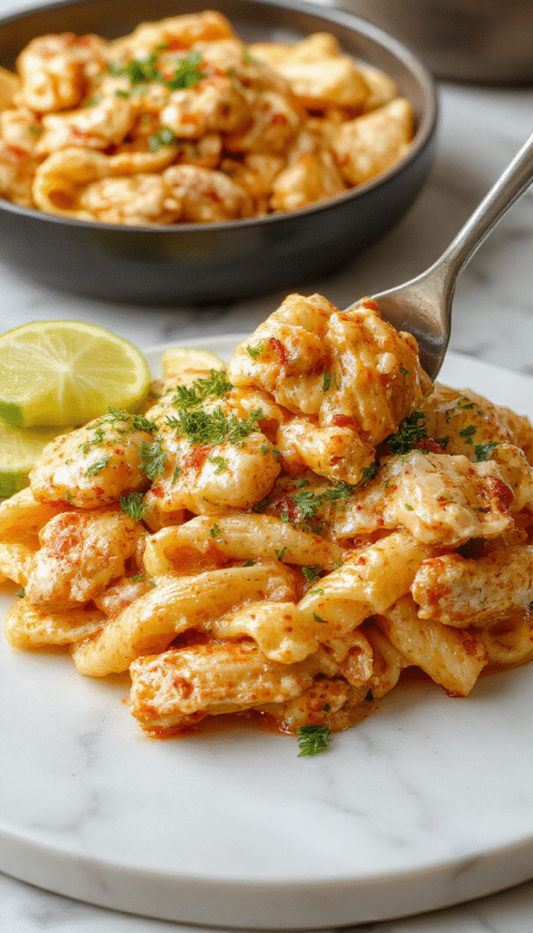 A vibrant plate of creamy Cajun chicken pasta featuring tender sliced chicken breasts coated in a rich, spicy sauce, garnished with chopped green onions and red bell peppers on a white ceramic plate placed on a rustic wooden table, with a sprinkle of herbs and a background of fresh ingredients showing the mixture of spices and colorful vegetables.