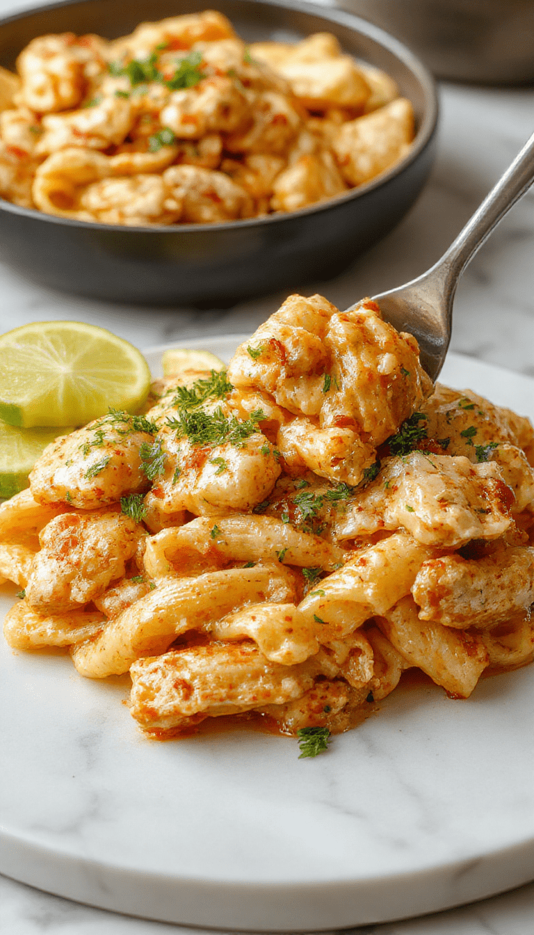 A vibrant plate of creamy Cajun chicken pasta featuring tender sliced chicken breasts coated in a rich, spicy sauce, garnished with chopped green onions and red bell peppers on a white ceramic plate placed on a rustic wooden table, with a sprinkle of herbs and a background of fresh ingredients showing the mixture of spices and colorful vegetables.