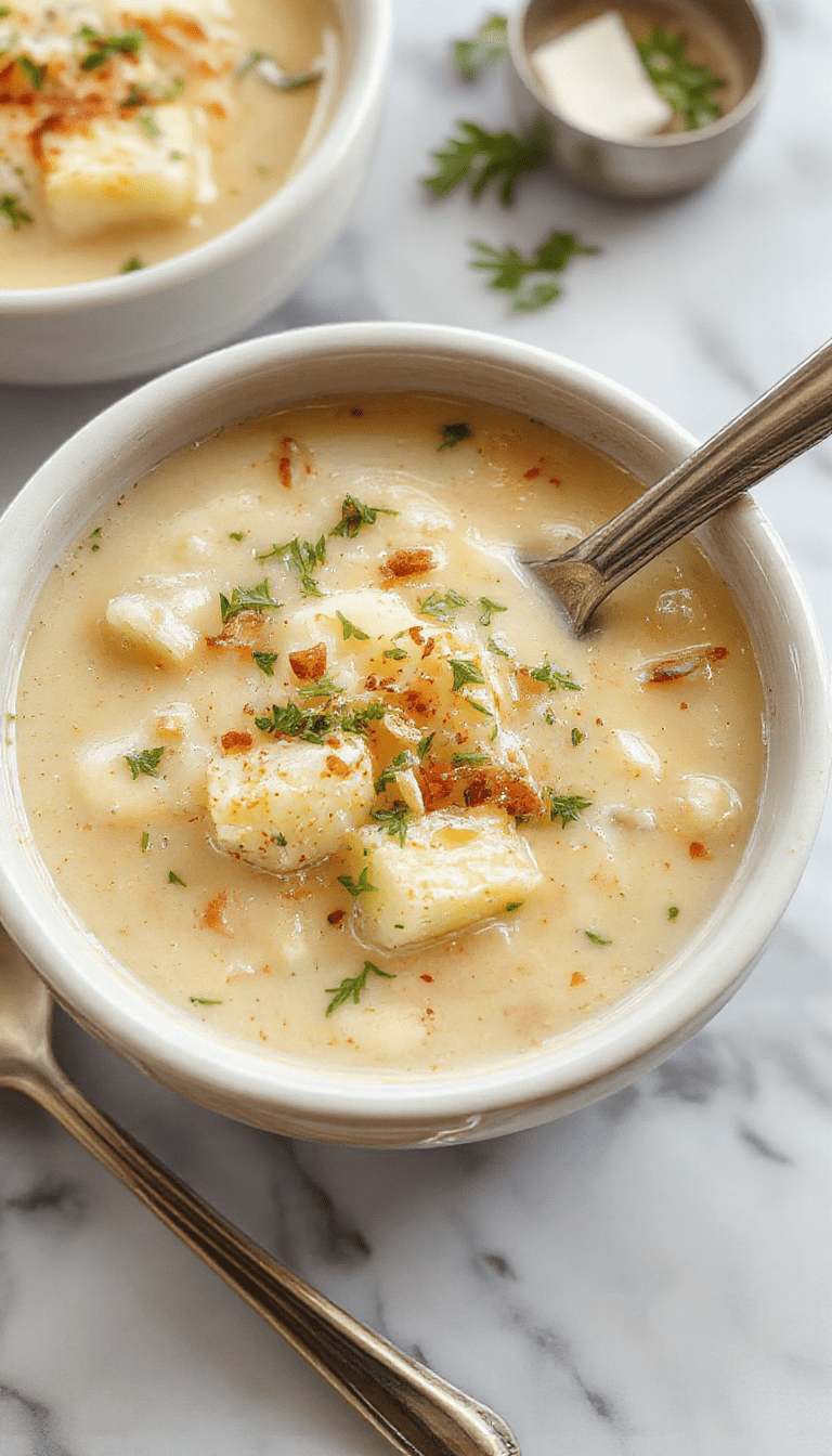 A vibrant bowl of creamy potato soup topped with melted cheddar, fresh herbs, and garlic croutons, presented on a rustic wooden table with a spoon and sprigs of herbs around.