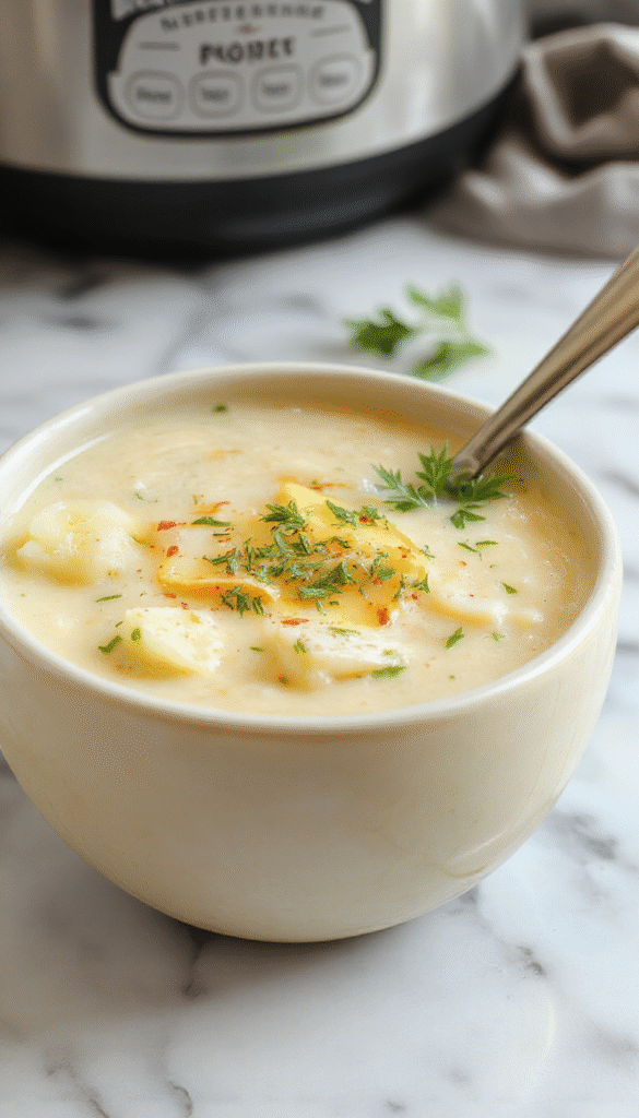 A steaming bowl of creamy potato soup topped with melted cheddar cheese, fresh chopped herbs, and a dollop of sour cream. The vibrant orange and white hues of the soup contrast with the green parsley and golden garlic garnishes, all styled on a rustic wooden table with a spoon resting nearby.