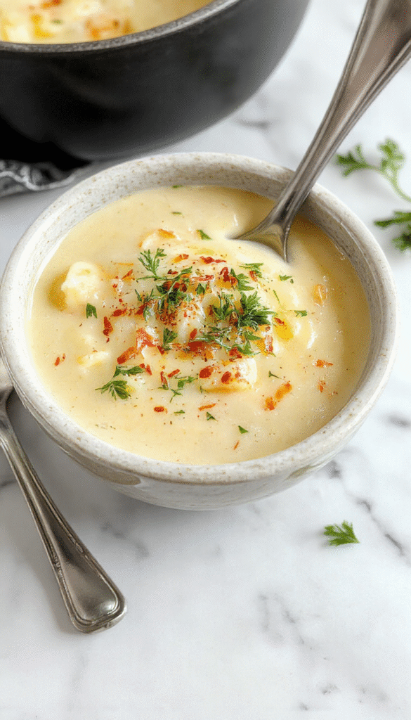 A bowl of creamy potato soup topped with melted cheddar cheese, minced garlic, and fresh herbs, served alongside crispy bread slices, with a rustic wooden background and vibrant green herbs standing out against the rich, golden broth.