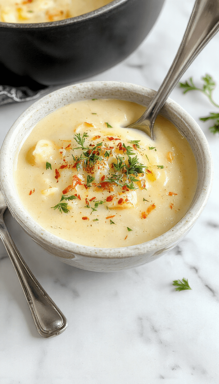 A bowl of creamy potato soup topped with melted cheddar cheese, minced garlic, and fresh herbs, served alongside crispy bread slices, with a rustic wooden background and vibrant green herbs standing out against the rich, golden broth.