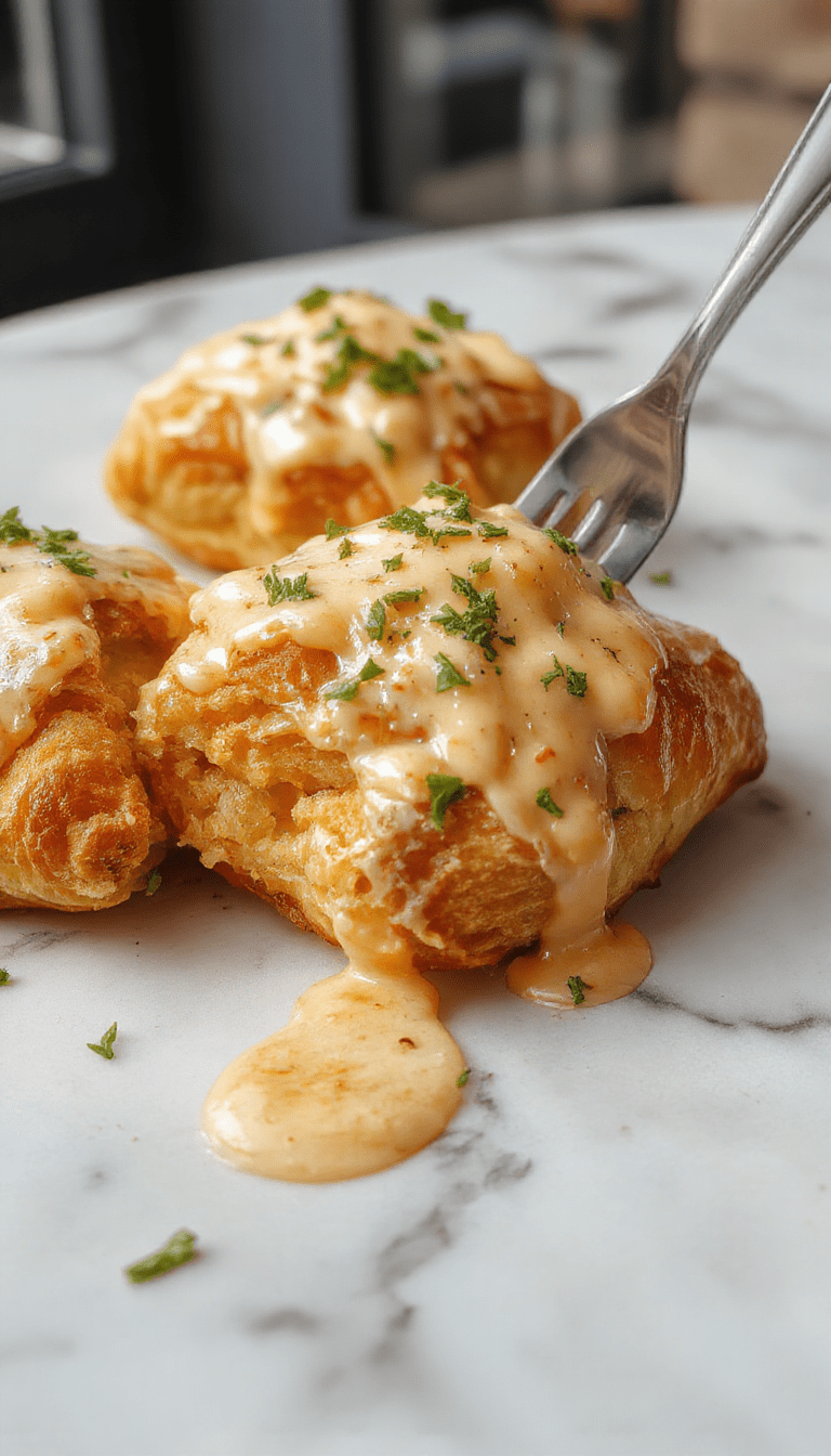A close-up of golden-brown crescent rolls filled with tender shredded chicken and melted cheese, arranged on a rustic plate with a sprig of parsley, steam rising, highlighting cheesy gooeyness and flaky texture.
