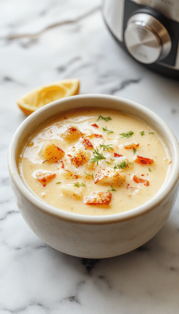A steaming bowl of creamy potato soup topped with shredded cheese, sliced green onions, and crispy bacon bits, set on a rustic wooden table with a spoon and fresh herbs, vibrant golden and white colors highlighting the rich texture.