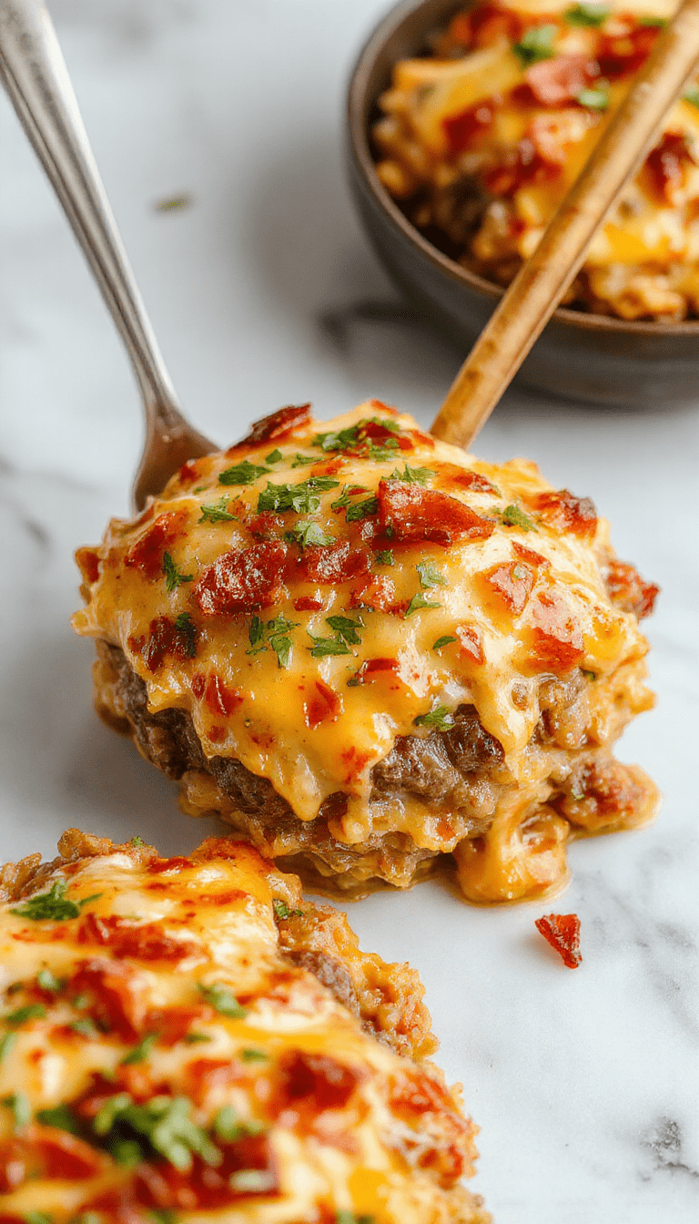 A hearty casserole dish topped with melted cheese, featuring a golden-brown crust. Inside, tender ground beef, fluffy rice, and vibrant vegetables are visible, garnished with fresh herbs. The presentation is rustic yet appetizing, set on a wooden table with a serving spoon and a sprinkle of cheese around the edges.