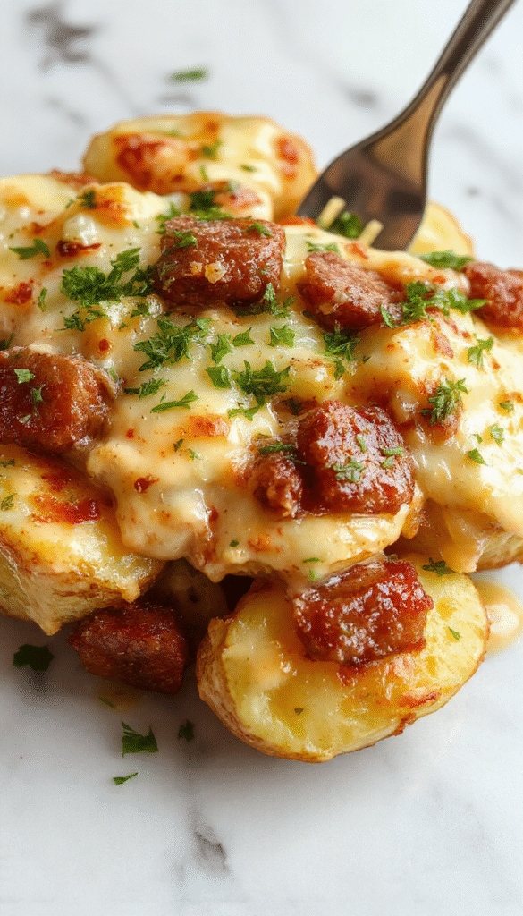 A vibrant plate featuring golden roasted potatoes topped with melted cheese, drizzled ranch dressing, crisp smoked sausage slices, garnished with fresh herbs, styled on a rustic wooden table with a creamy, savory appeal