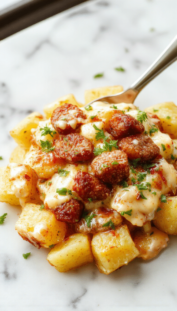 A vibrant plate featuring golden roasted potatoes topped with melted cheese and fresh green herbs, surrounded by slices of smoky sausage, with a rustic wooden background and a sprig of parsley for garnish.