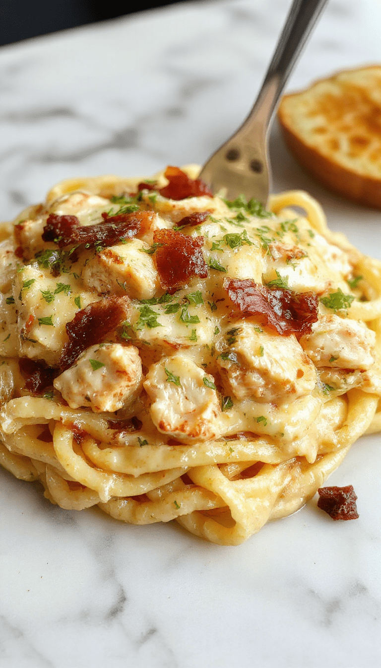 A vibrant plate of creamy chicken bacon ranch pasta featuring tender pasta coated in a rich white sauce, topped with crispy bacon bits and fresh herbs, served on a rustic white plate with colorful vegetables and a sprinkle of chopped parsley, styled to highlight the luscious textures and inviting presentation.