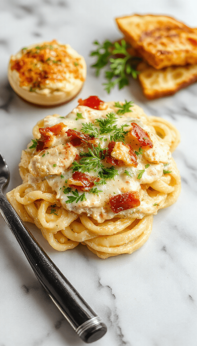A vibrant plate of creamy chicken bacon ranch pasta featuring tender shredded chicken, crispy bacon pieces, and a rich, smooth ranch sauce topped with fresh herbs. The pasta is elegantly plated on a rustic white dish, garnished with chopped green onions and a sprinkle of black pepper, placed on a wooden table with a soft-focus background highlighting a cozy, inviting meal.