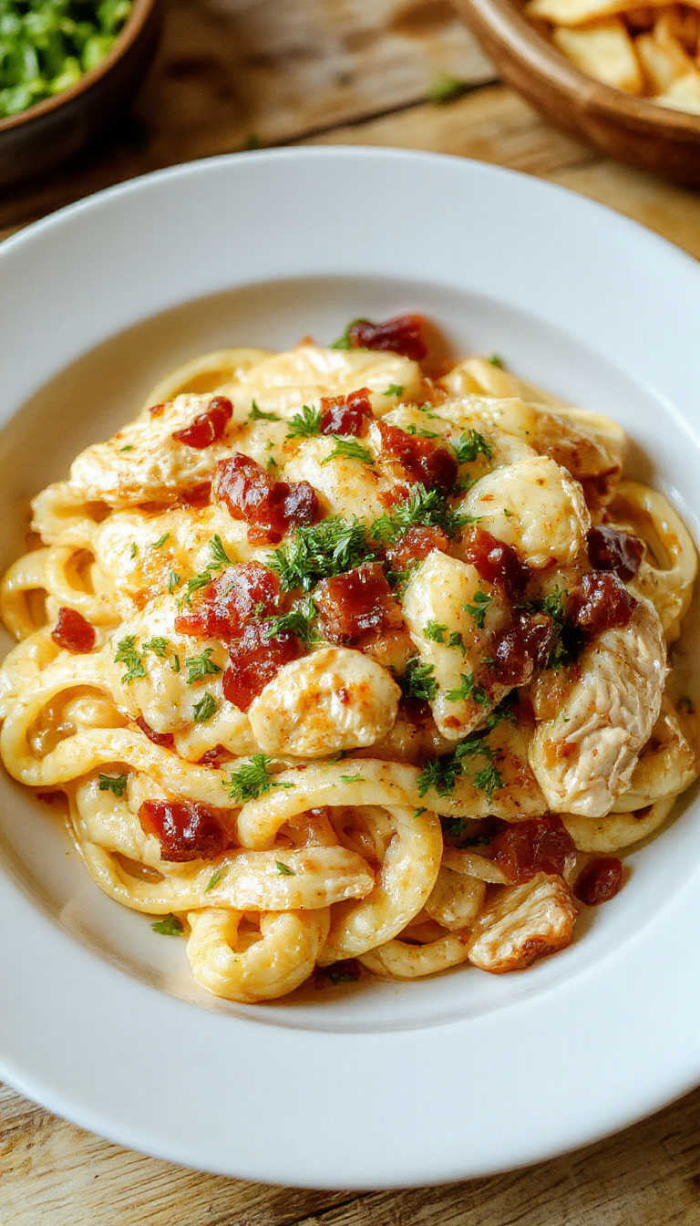 A rich bowl of creamy chicken bacon ranch pasta garnished with chopped herbs and crispy bacon pieces, showcasing a decadent, indulgent meal.
