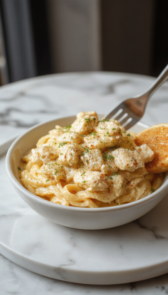 A close-up of a white plate filled with creamy buttered noodles topped with tender chunks of chicken, garnished with fresh parsley. The noodles are glossy and smooth, coated in a rich butter sauce. The background features soft, warm tones with a rustic wooden table and a fork resting on the side, emphasizing a cozy, inviting meal.