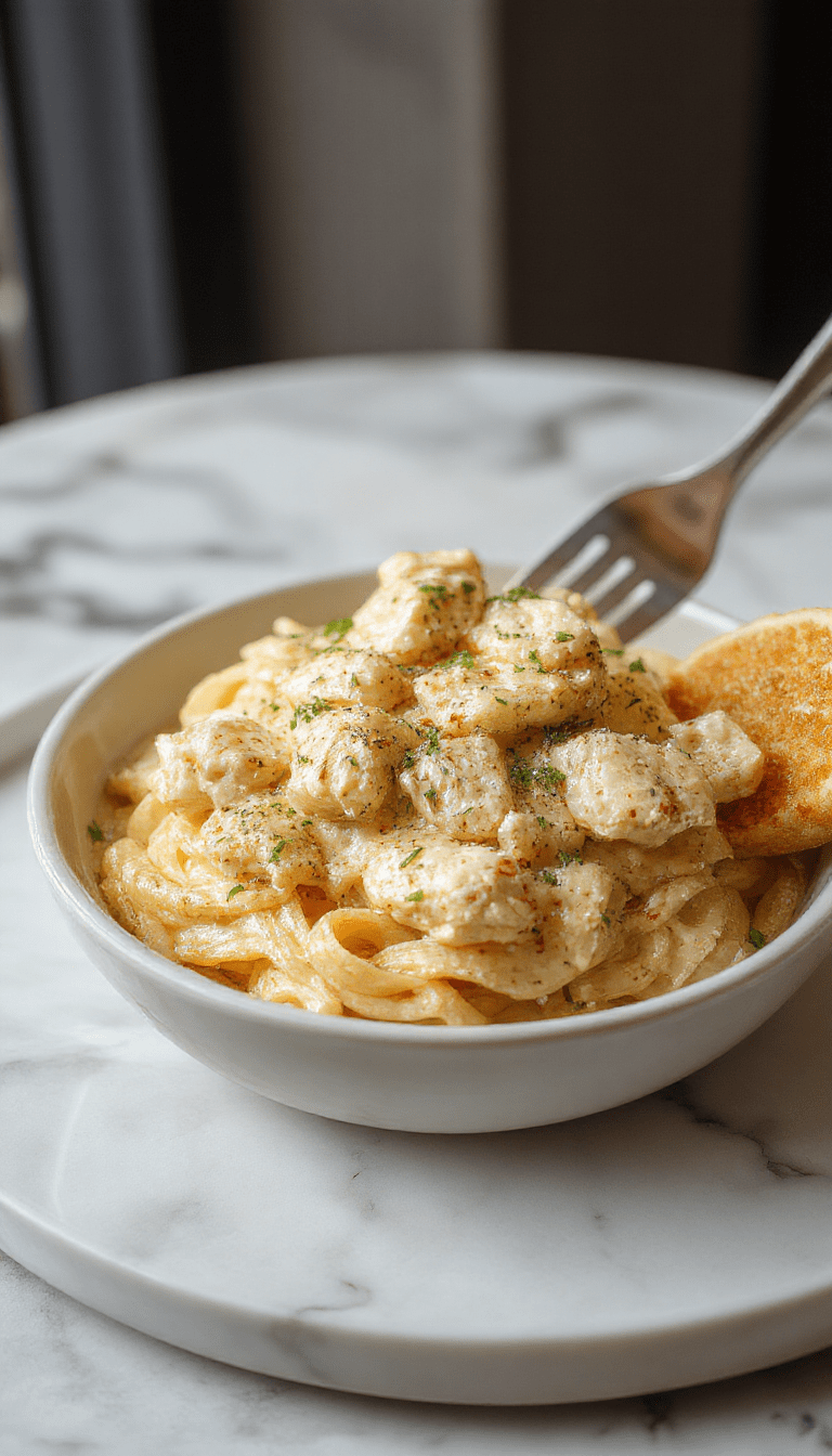 A close-up of a white plate filled with creamy buttered noodles topped with tender chunks of chicken, garnished with fresh parsley. The noodles are glossy and smooth, coated in a rich butter sauce. The background features soft, warm tones with a rustic wooden table and a fork resting on the side, emphasizing a cozy, inviting meal.