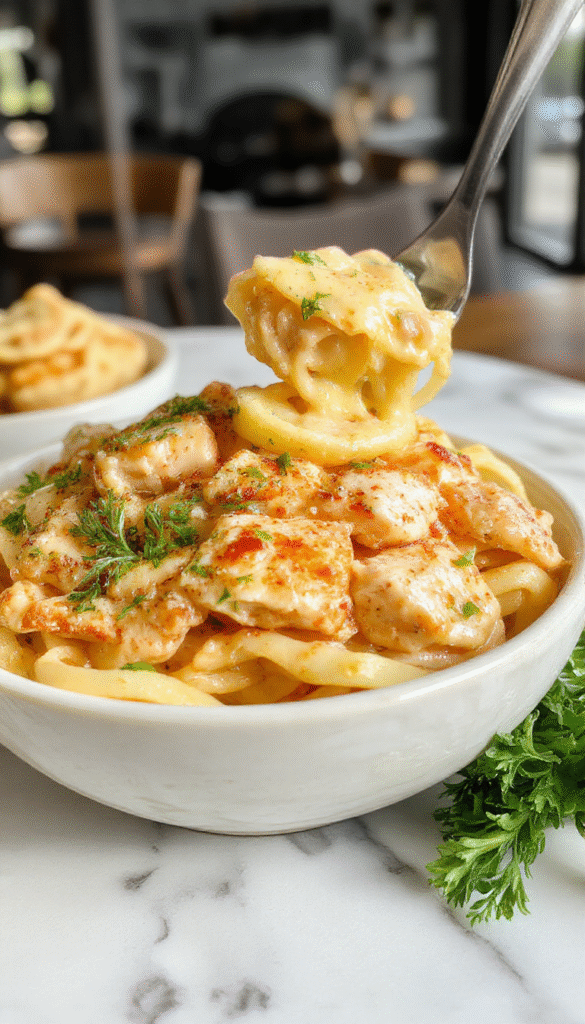 A vibrant plate of creamy buttered noodles topped with tender shredded chicken, garnished with fresh parsley, presented on a rustic white plate, with a side of colorful vegetables and a fork twirling the noodles. The dish has a glossy, buttery sauce with a velvety texture, highlighting the comfort food appeal and inviting warmth.