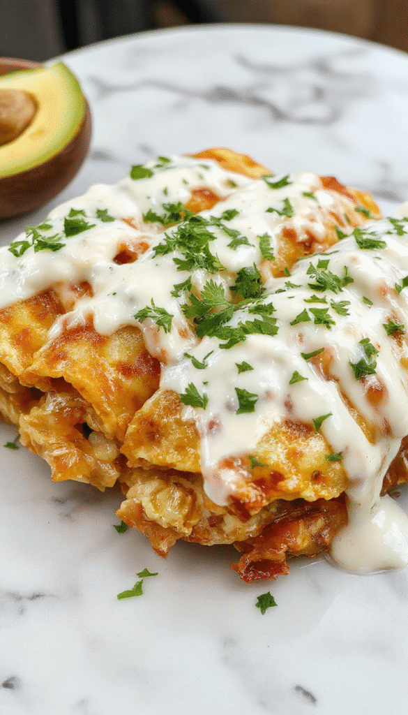 Colorful chicken enchiladas plated on a rustic wooden surface with a drizzle of creamy white sauce, topped with fresh cilantro and melted cheese, showcasing a vibrant mix of golden tortillas, tender shredded chicken, and smooth sour cream sauce