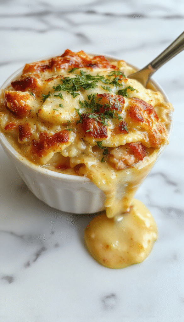 A steaming bowl of chicken pot pie pasta featuring golden-brown crust pieces, tender chunks of chicken, peas, carrots, and a creamy sauce, garnished with fresh herbs, served on a rustic wooden table with a fork alongside.