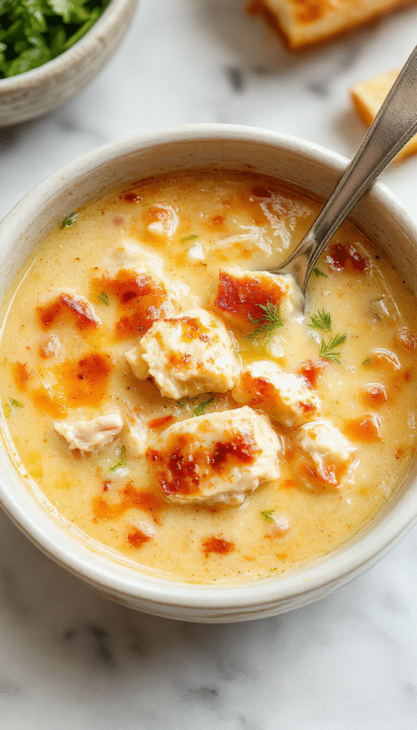 A warm bowl of chicken pot pie soup topped with golden flaky pastry crumbles, garnished with fresh herbs, surrounded by ingredients like cooked chicken, carrots, celery, and creamy broth, styled with rustic wooden elements.