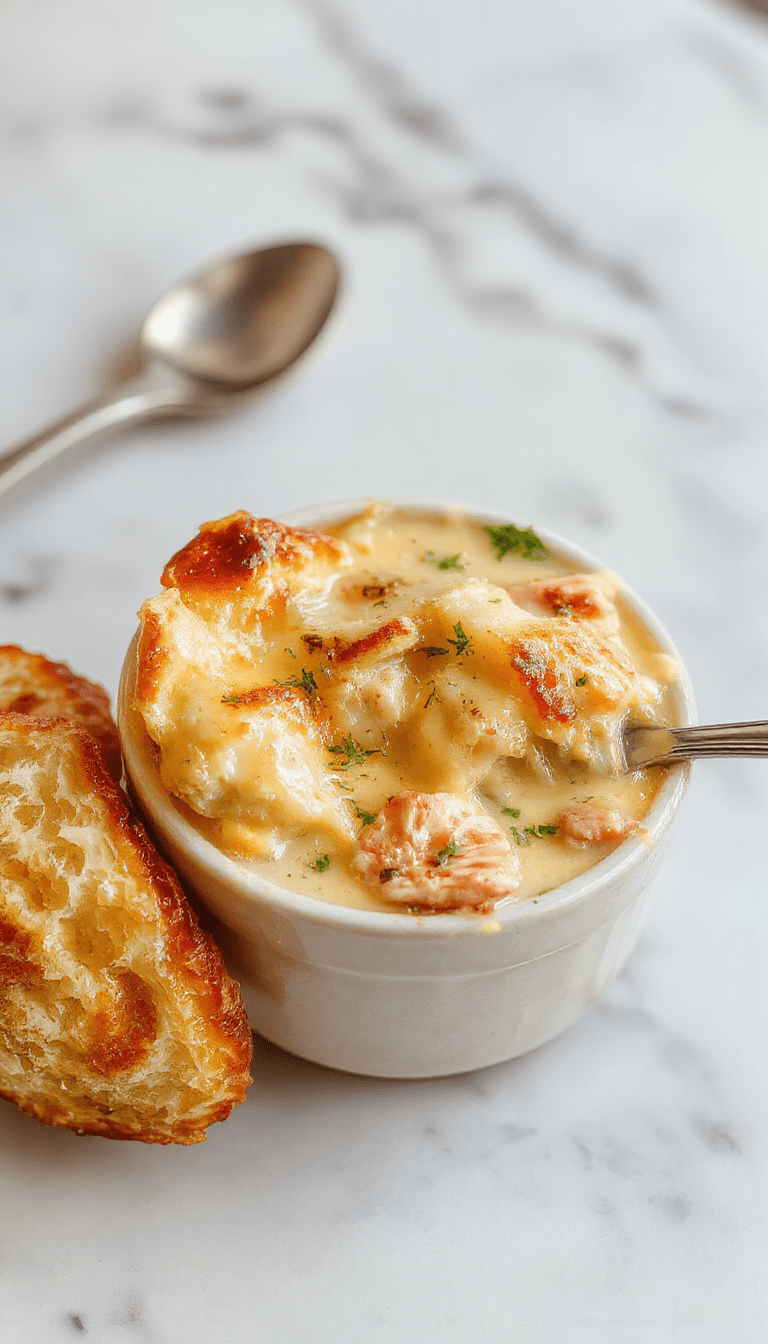 A steaming bowl of creamy chicken pot pie soup garnished with chopped parsley, with a golden crust crumble topping, surrounded by fresh herbs and cracked black pepper, served in a rustic white bowl on a wooden table