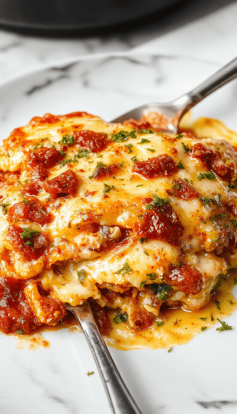 A vibrant plate of white chicken skillet lasagna featuring layers of creamy white sauce, shredded chicken, melted cheese, and fresh herbs. The lasagna is beautifully plated with a golden-brown crust on top, garnished with parsley, and served alongside a side salad. The dish is styled on a rustic wooden table with a fork ready to dig in, showcasing textures of gooey cheese and tender chicken.