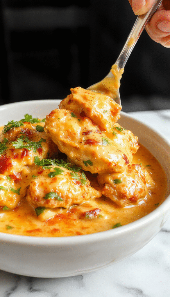 A vibrant bowl of chicken tikka masala featuring tender chicken pieces coated in a rich, orange-red tomato-based sauce. Garnished with fresh cilantro and served alongside fluffy basmati rice. The dish is presented on a rustic wooden table with a hint of steam rising, highlighting the creamy texture and aromatic spices in the dish.