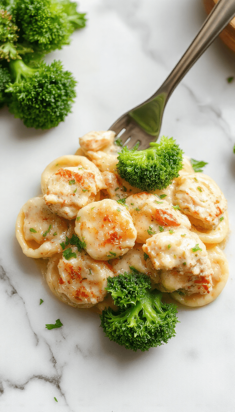 A vibrant plate featuring creamy chicken tortellini nestled with fresh green broccoli florets. The dish is garnished with a sprinkle of parmesan cheese and chopped herbs, presented on a rustic white plate with a drizzle of sauce. The background shows a wooden table setting, highlighting the rich textures and colorful ingredients of this comforting one-pot meal.