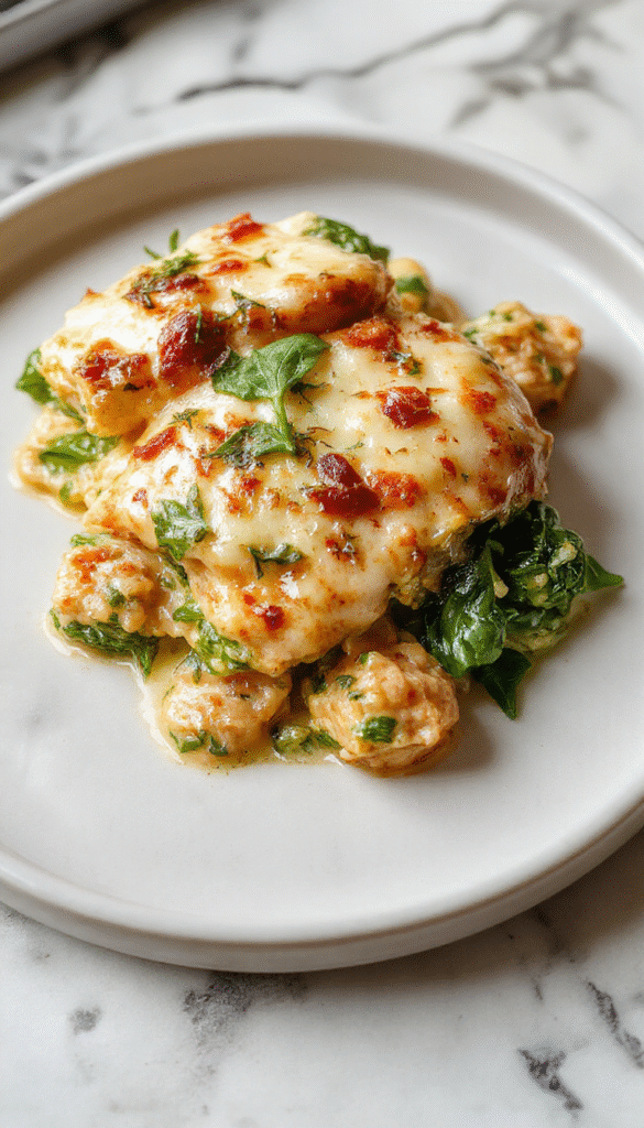 A vibrant, golden-brown chicken and spinach casserole in a white ceramic dish topped with melted cream cheese and fresh spinach leaves, garnished with chopped herbs, presented on a rustic wooden table with a side of crispy bread.
