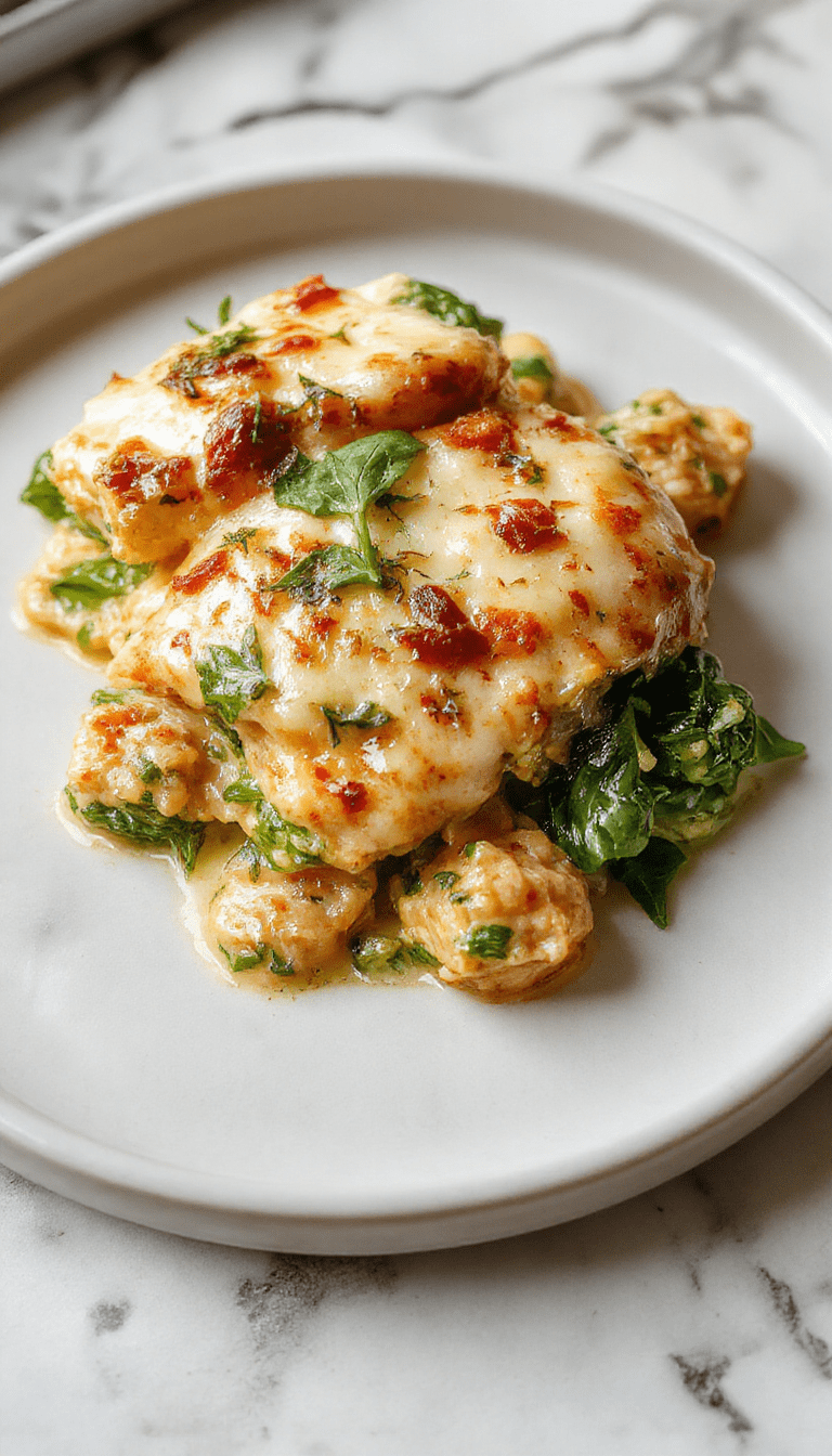 A vibrant, golden-brown chicken and spinach casserole in a white ceramic dish topped with melted cream cheese and fresh spinach leaves, garnished with chopped herbs, presented on a rustic wooden table with a side of crispy bread.