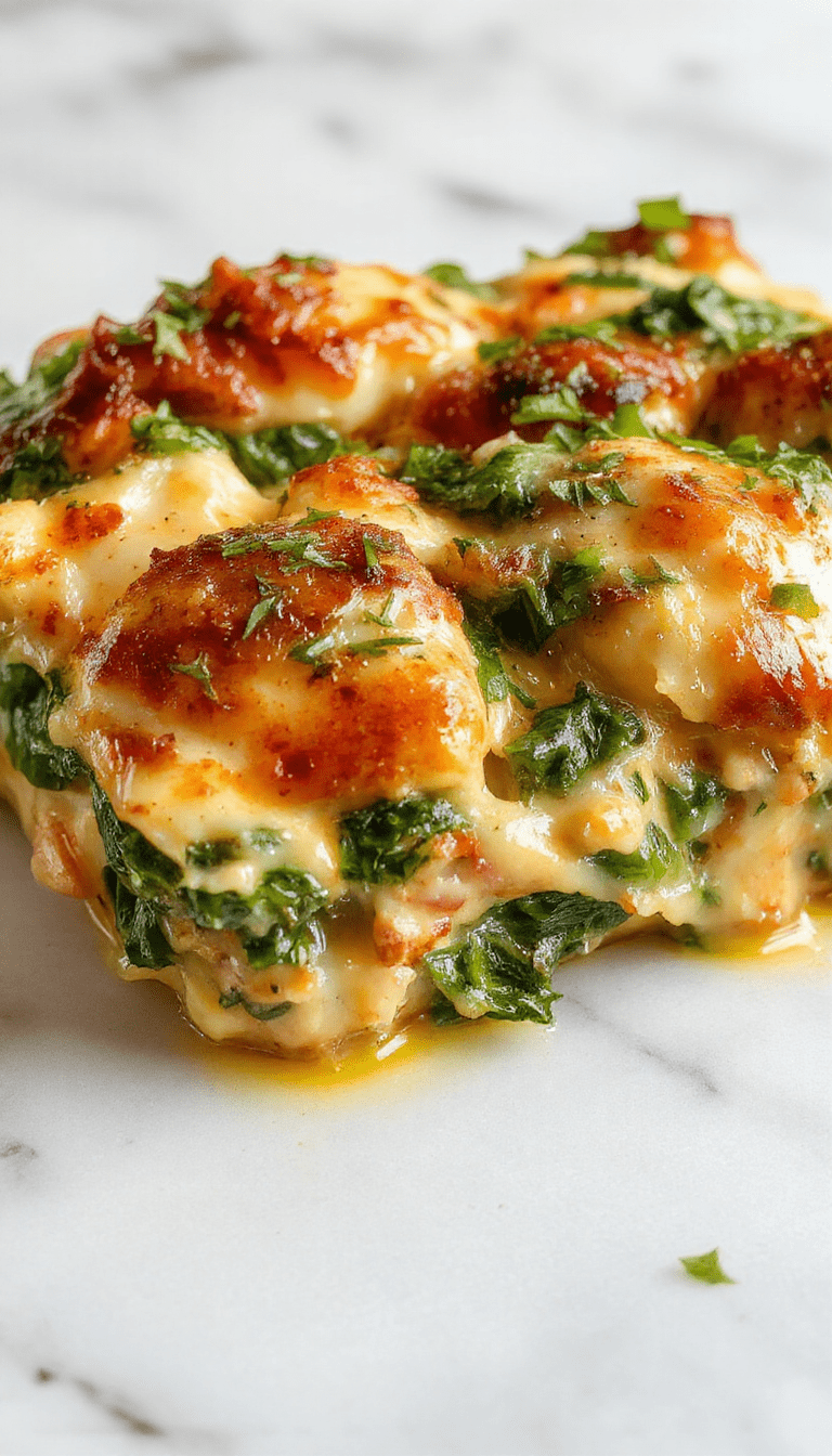 A vibrant dish featuring a creamy chicken and spinach casserole served in a rustic white baking dish. The casserole has a golden-brown crust with bubbling cheese on top, garnished with fresh spinach leaves and chopped herbs. The background shows a warm wooden table with side dishes and fresh ingredients, highlighting the textures of tender chicken, vibrant green spinach, and smooth creamy sauce.