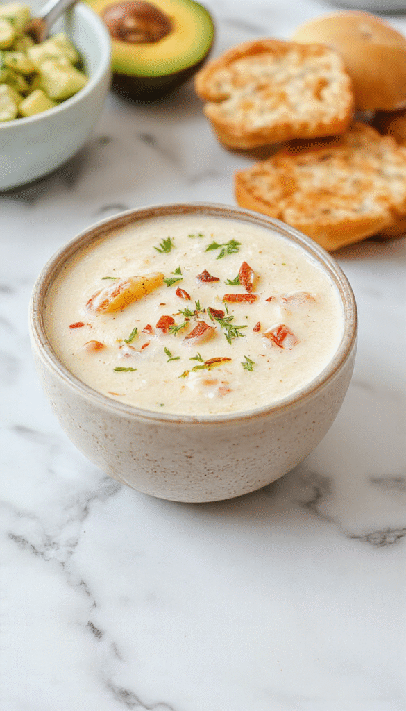 A vibrant bowl of creamy cowboy soup featuring chunks of tender beef, corn, potatoes, and beans in a luscious creamy broth, garnished with chopped herbs and served with crusty bread on a rustic wooden table