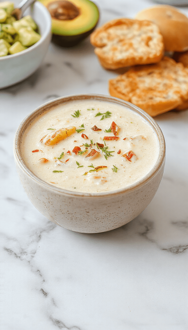 A vibrant bowl of creamy cowboy soup featuring chunks of tender beef, corn, potatoes, and beans in a luscious creamy broth, garnished with chopped herbs and served with crusty bread on a rustic wooden table