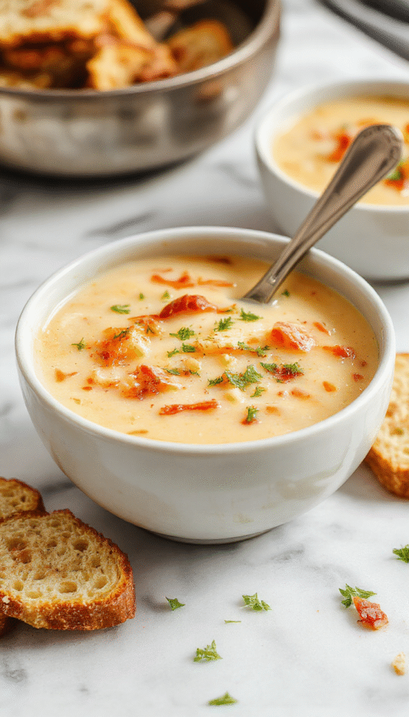 A steaming bowl of creamy cowboy soup topped with fresh herbs and shredded cheese, with chunks of tender beef, corn, and potatoes visible in the vibrant, thick liquid, garnished with a sprinkle of chopped green onions on a rustic wooden table.
