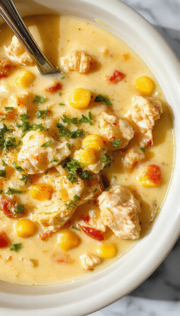 A vibrant bowl of creamy chicken corn chowder garnished with fresh herbs and crispy bacon, served with a side of crusty bread on a rustic wooden table, showcasing the thick, hearty texture and golden yellow corn with tender chicken chunks.