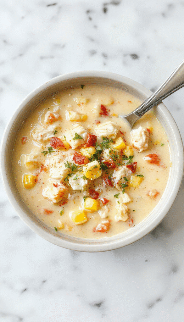 A vibrant bowl of chicken corn chowder with a creamy, golden-yellow broth topped with fresh chopped parsley, served in a rustic white bowl on a wooden surface, surrounded by corn kernels, cooked shredded chicken, and a drizzle of cream, with a silver spoon resting beside it.