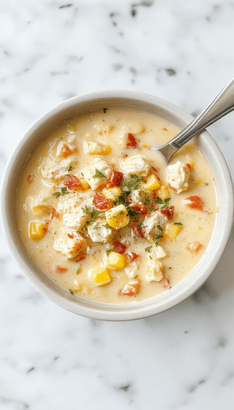 A vibrant bowl of chicken corn chowder with a creamy, golden-yellow broth topped with fresh chopped parsley, served in a rustic white bowl on a wooden surface, surrounded by corn kernels, cooked shredded chicken, and a drizzle of cream, with a silver spoon resting beside it.